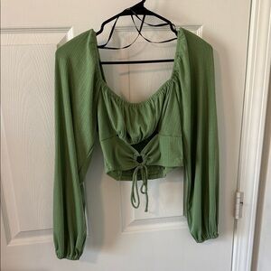 Green Long-Sleeve Tie-Front Crop Top